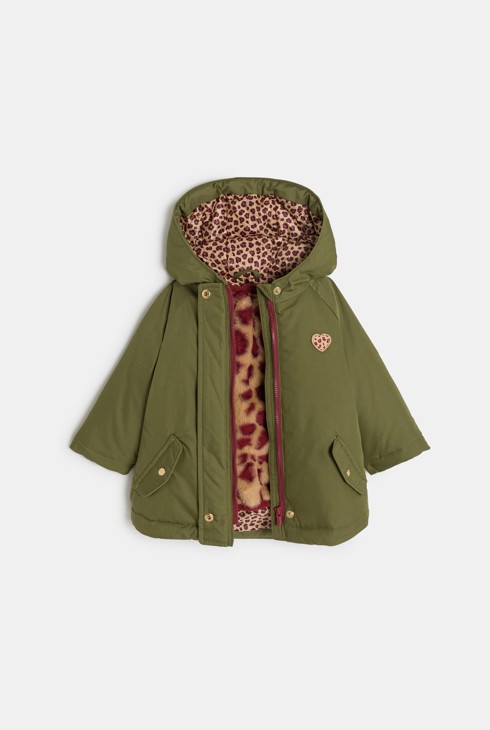 Parka doublure gilet amovible léopard vert kaki bébé fille