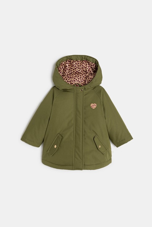 Baby girl's khaki green leopard parka with removable gilet lining 1