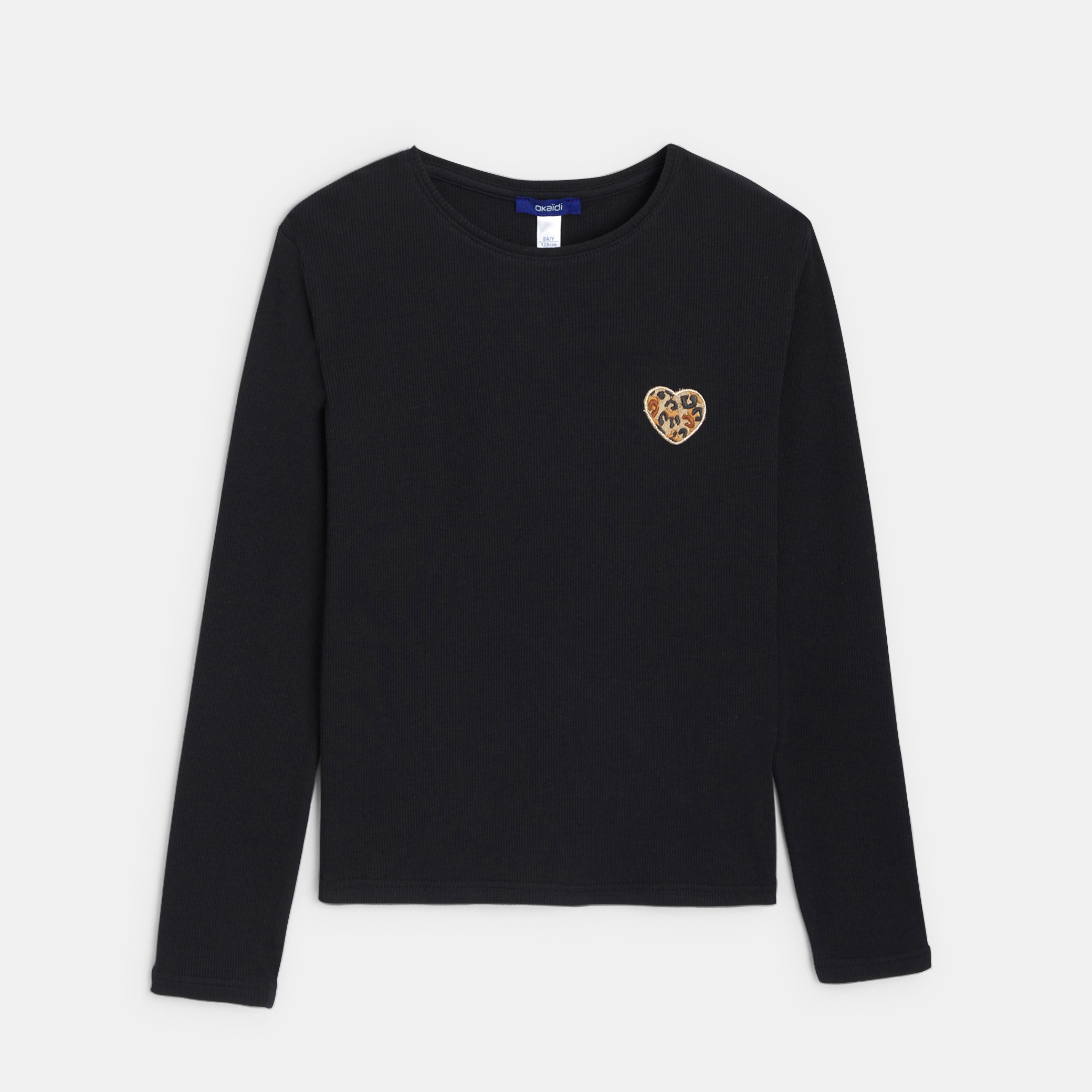 T-shirt manches longues cœur léopard noir Fille | Okaïdi & Obaïbi
