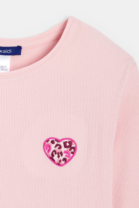 T-shirt manches longues cœur léopard rose Fille