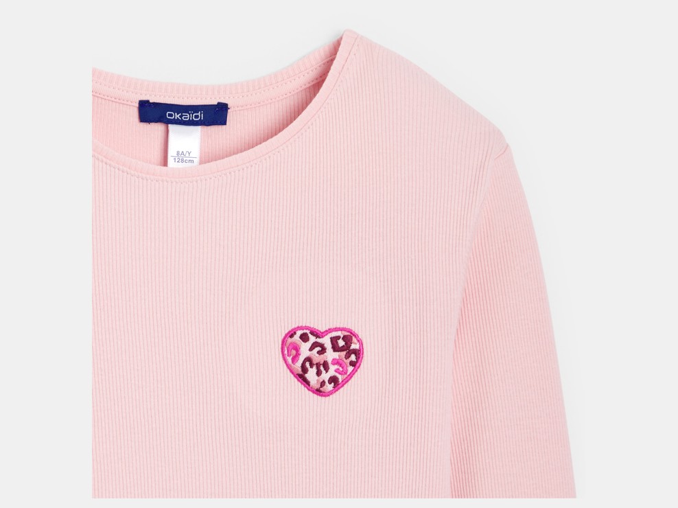 T-shirt bambina a maniche lunghe leopardata con cuore rosa 2