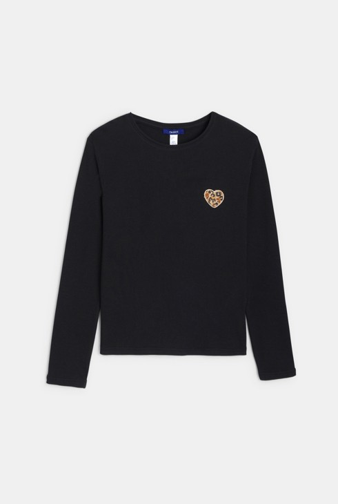 T-shirt manches longues cœur léopard noir Fille 1