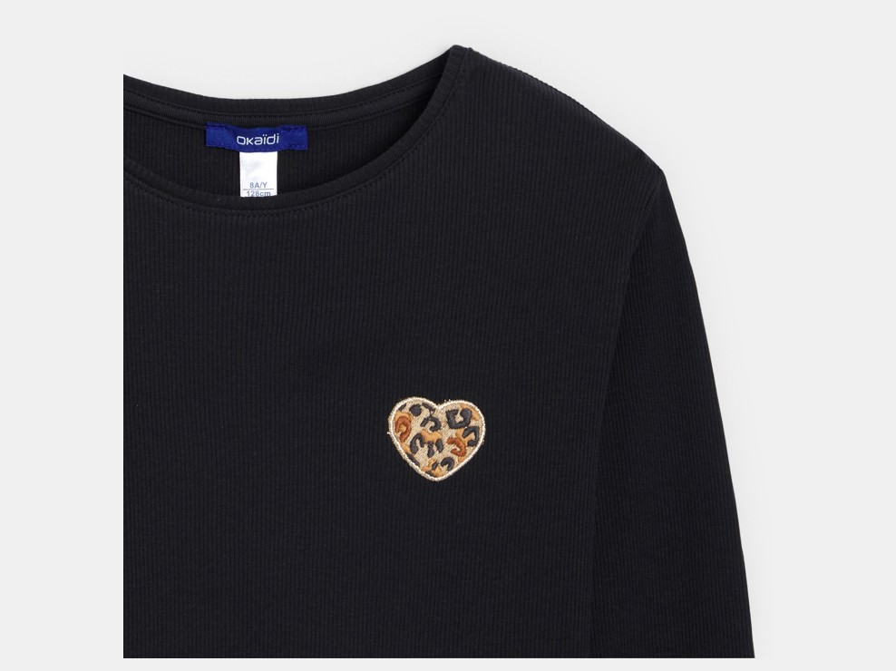 Langarm-T-Shirt Herz Leopard schwarz Mädchen 2