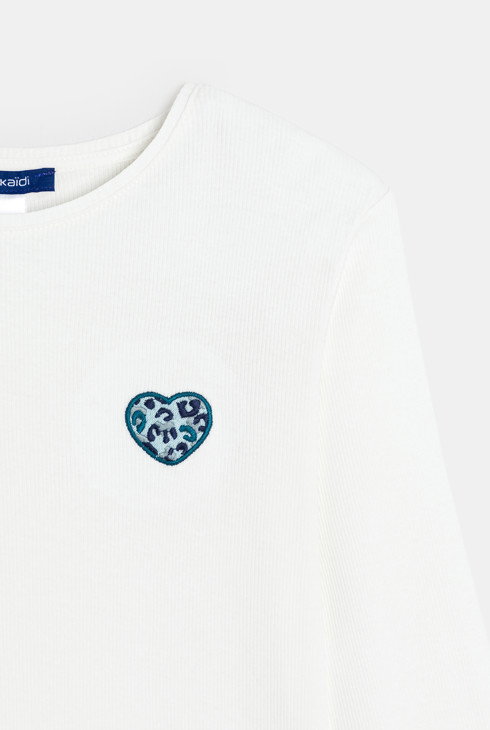 T-shirt manches longues cœur léopard blanc Fille