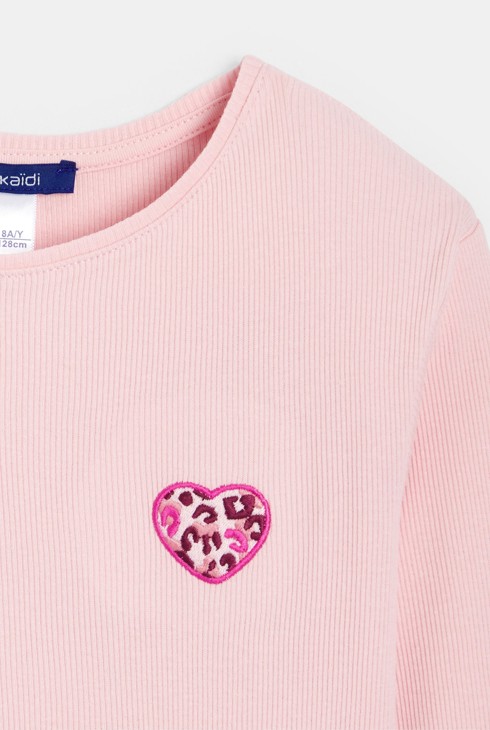 Girl's pink leopard print long-sleeved T-shirt with heart motif 2