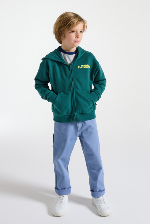 Boy's green slogan sweatshirt with stand-up collar 1