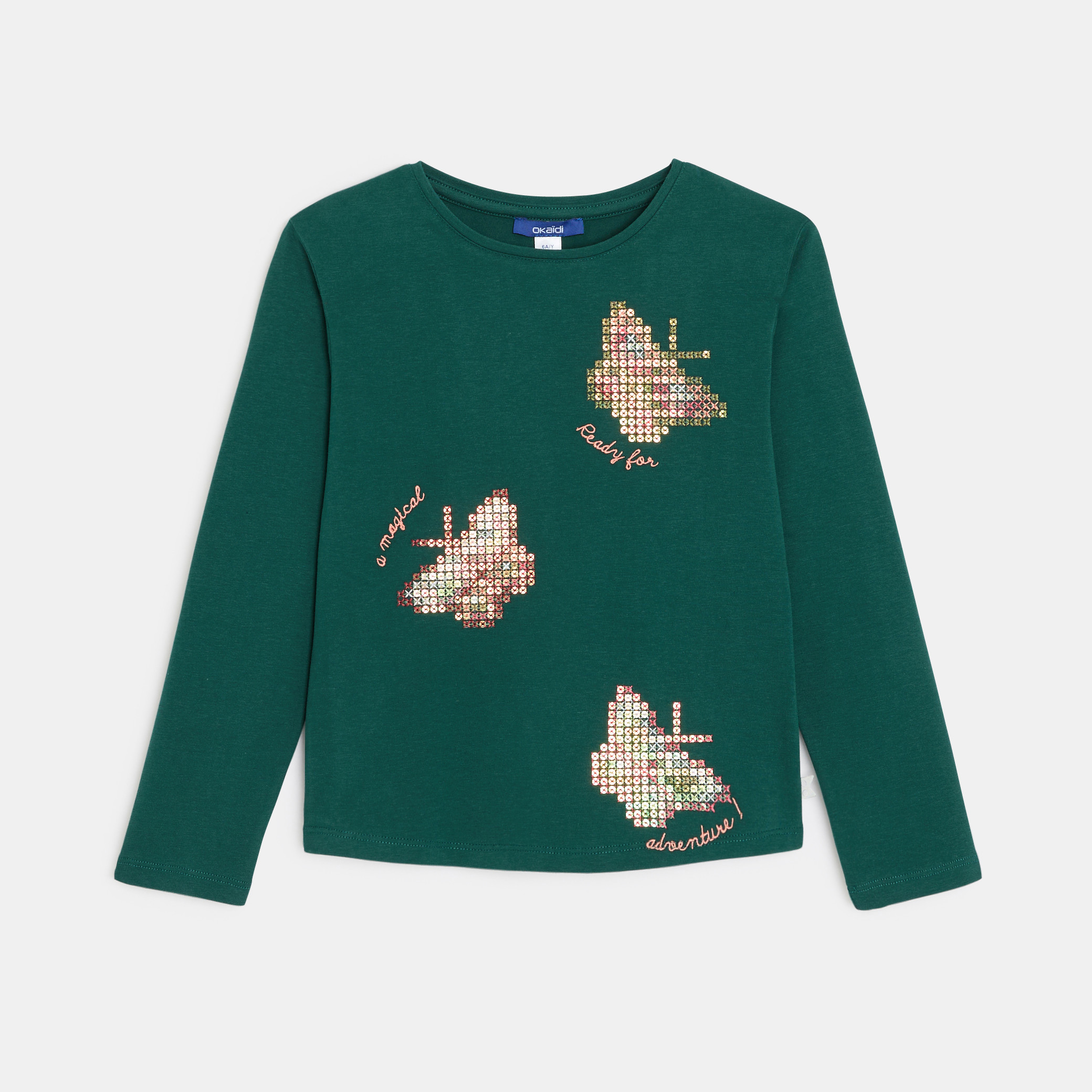 T-shirt Manches Longues Okaïdi Obaïbi 3 Ans - Motif Éléphant Blanc Et Vert - Très Bon État