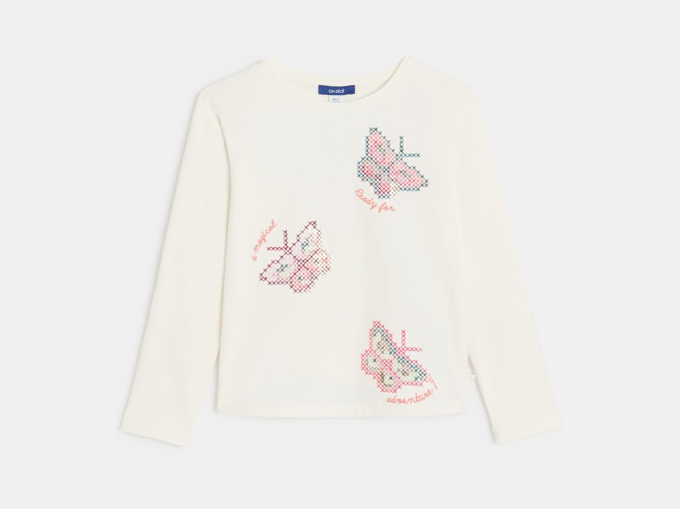 Langarm-T-Shirt in Ecru mit Schmetterlingen für Mädchen 1