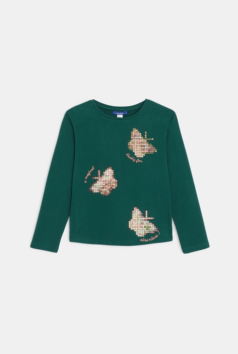 T-shirt manches longues motifs papillons vert Fille 1