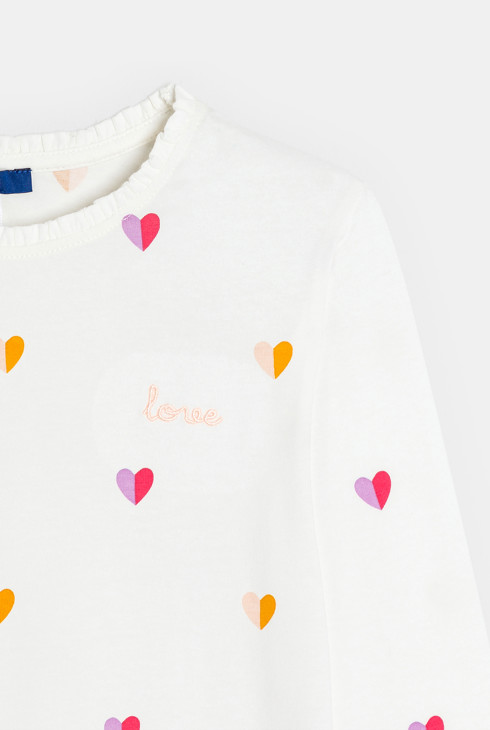 T-shirt manches longues petits cœurs blanc Fille