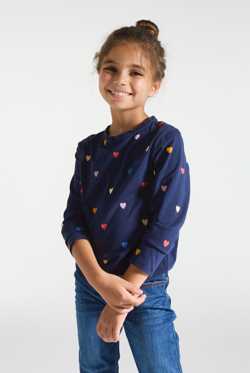 Mornarski plava majica dugih rukava s printom malenih srca za djevojčice 2