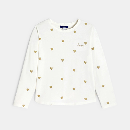 T-shirt Manches Longues Petits Cœurs Fille - Blanc - 4A - OKAIDI