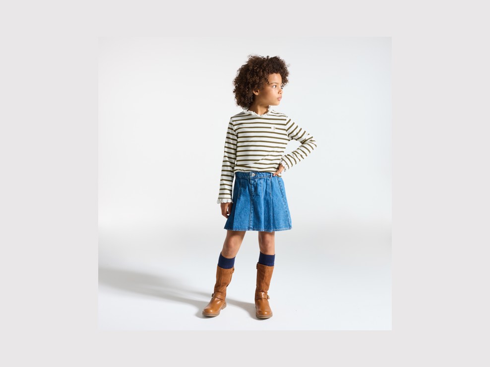 T-shirt marinière col dentelle kaki Fille 1