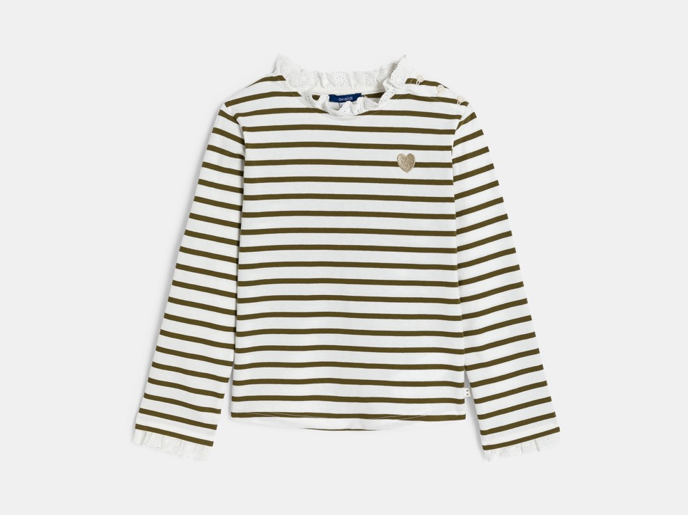 T-shirt marinière col dentelle kaki Fille 2