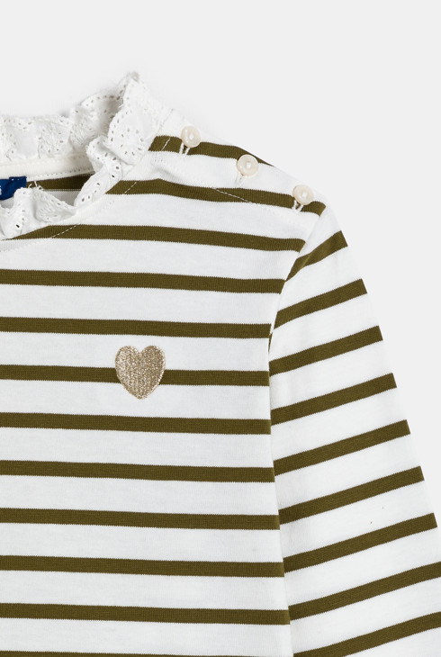 T-shirt marinière col dentelle kaki Fille