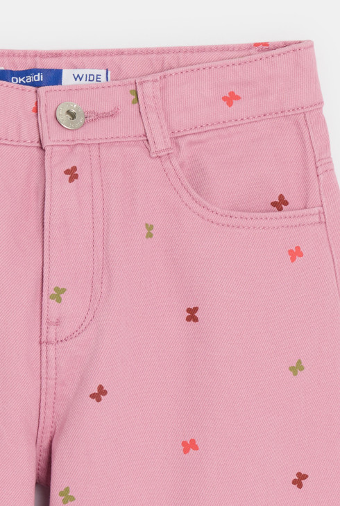 Pantalon large en toile motif papillon rose Fille