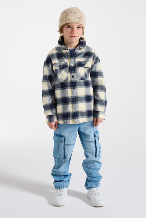 Boy's beige checked, sherpa-lined shacket 1