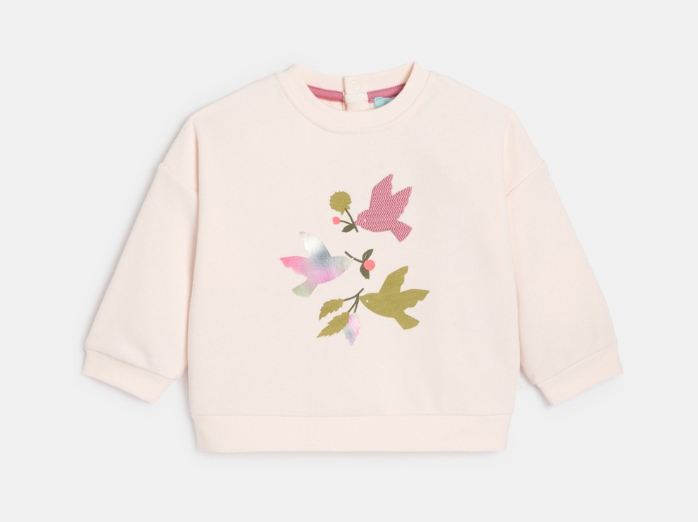 Sweat molleton oiseaux rose bébé fille 1