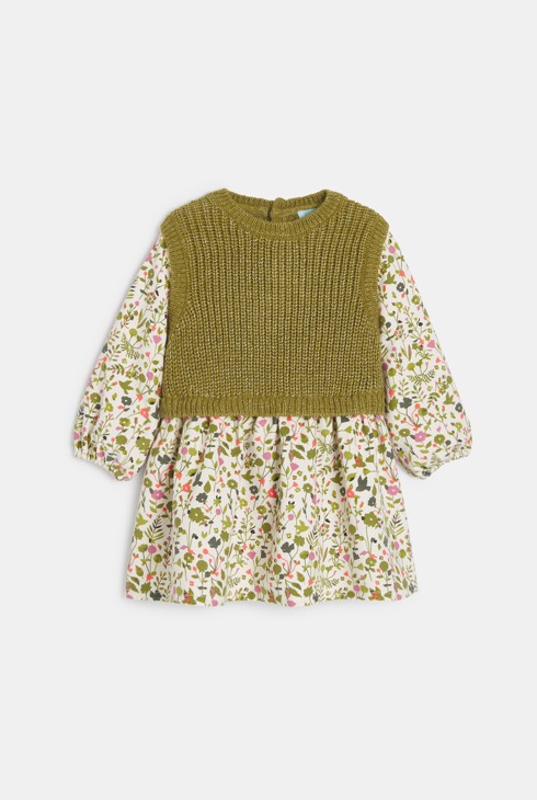 Robe bi-matière fleurie vert bébé fille