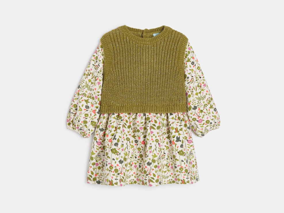 Vestido bimaterial floral verde bebé niña 1