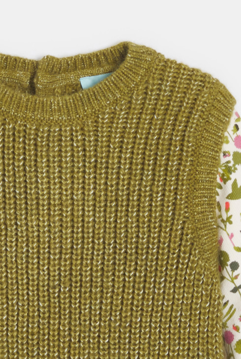 Robe bi-matière fleurie vert bébé fille