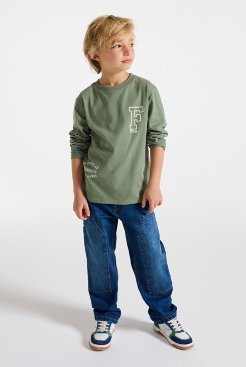 T-shirt manches longues à message vert Garçon 1