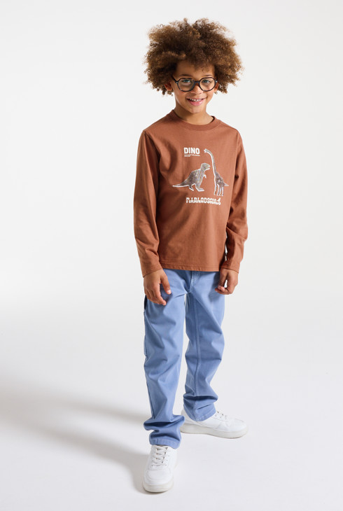 Boy's brown dinosaur motif T-shirt with long sleeves 1