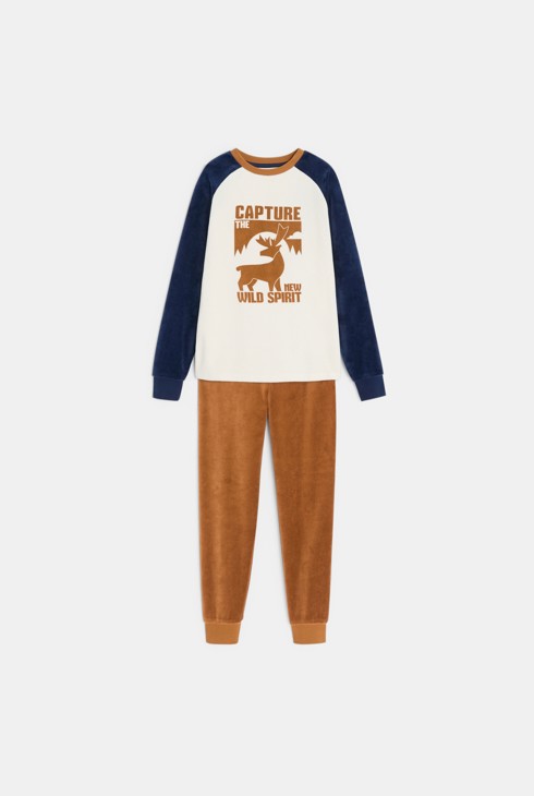 2-teiliger Samtpyjama in Blau mit Hirschmotiv für Jungen 1