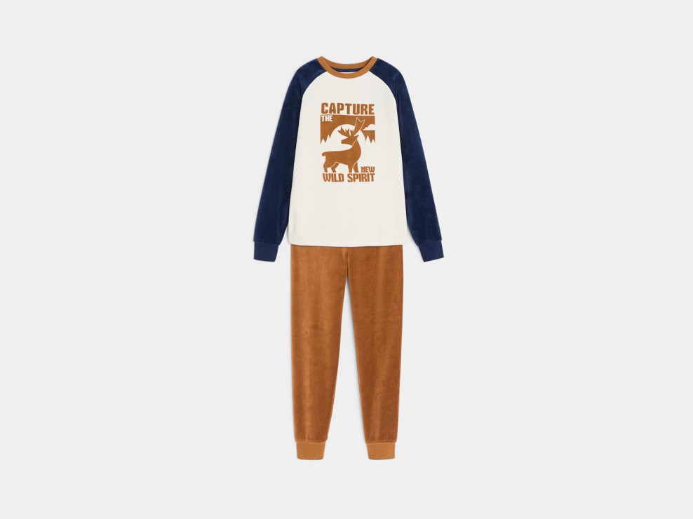 Pyjama 2 pièces en velours motif cerf bleu Garçon 2