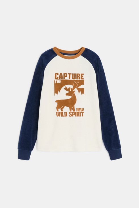 Pyjama 2 pièces en velours motif cerf bleu Garçon