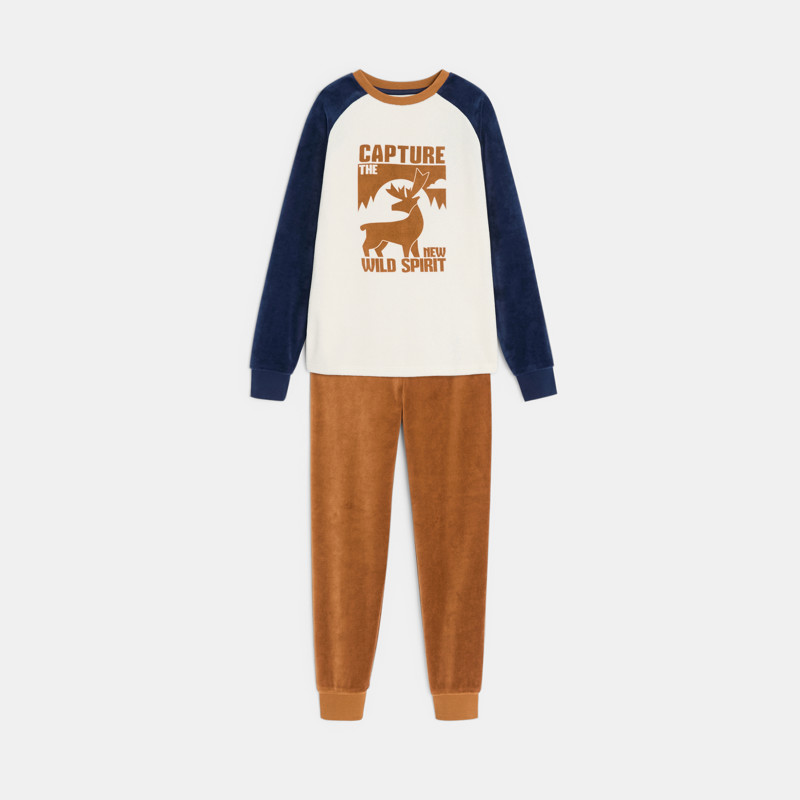 2-teiliger Samtpyjama in Blau mit Hirschmotiv für Jungen