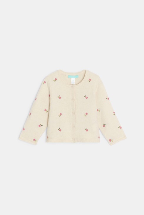 Cárdigan de punto beige con motivo flor bebé niña 1