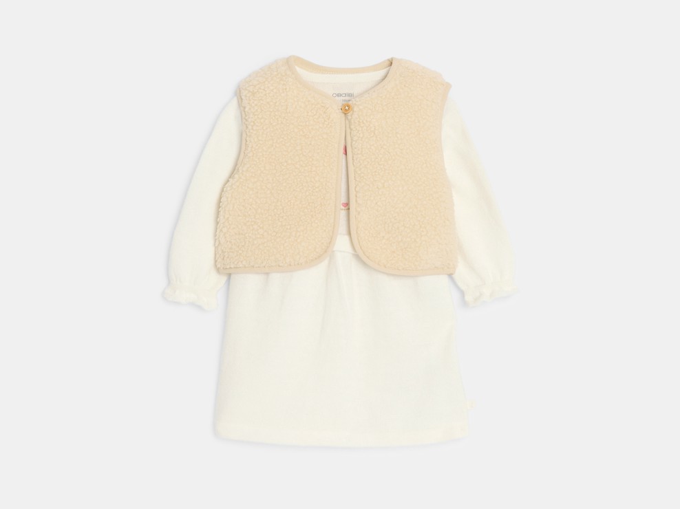 Vestido punto gris topo y cárdigan blanco bebé niña 1