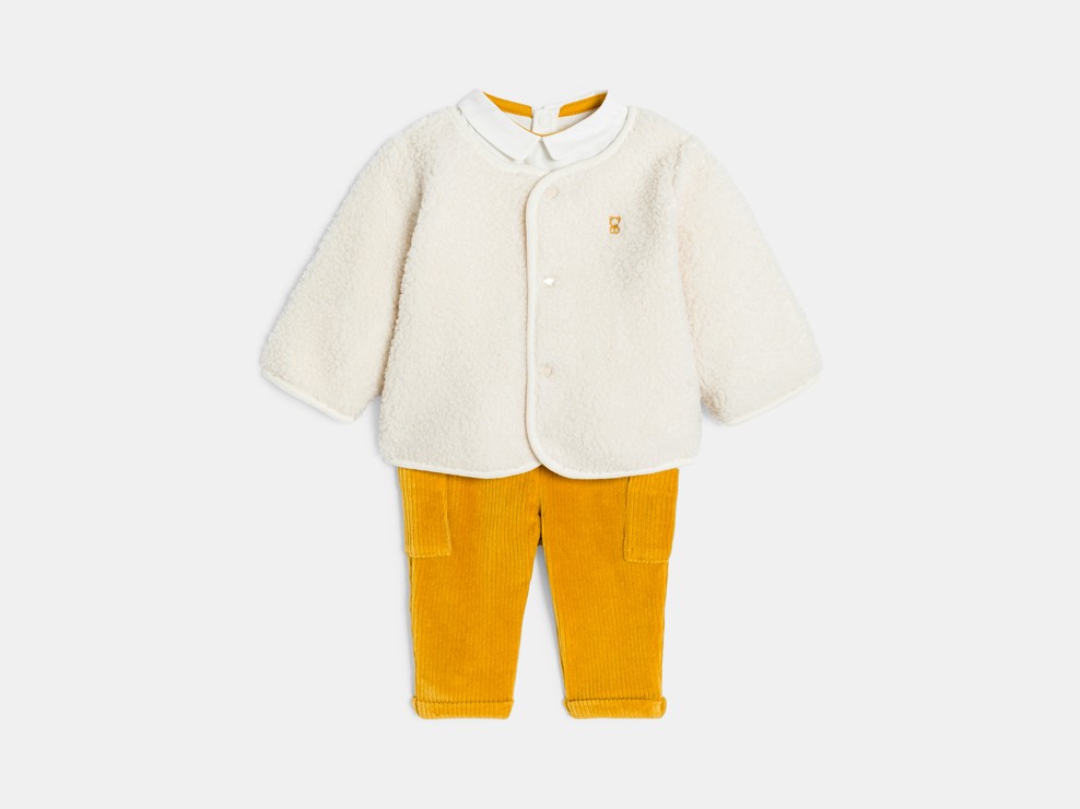 Gilet sherpa pantalon velours et body jaune bébé naissance garçon 1