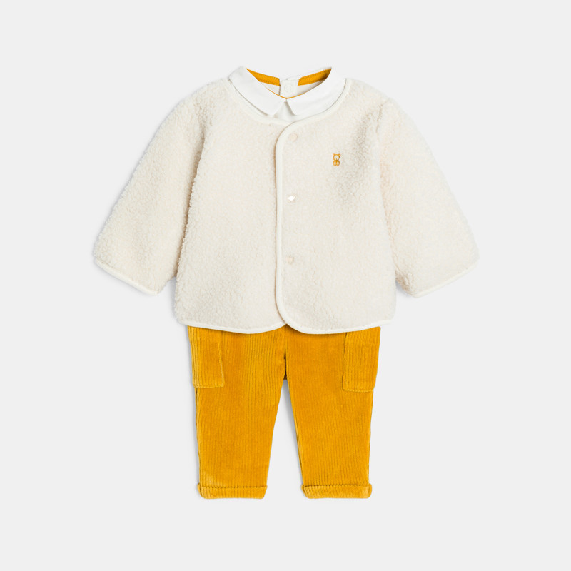 Sherpa-Weste, Hose aus Velours und gelber Body für kleine Jungen zur Geburt