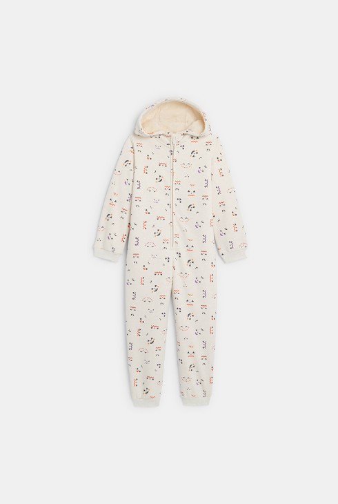 Tuta con cappuccio in tessuto felpato bianco con fodera in pellicciotto bambino 1