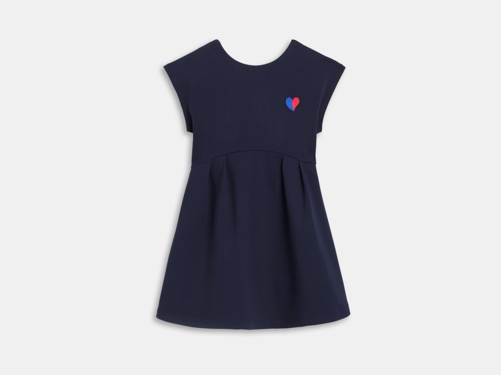 Marineblauwe jurk met korte mouwen en geborduurd hartje voor meisjes 2