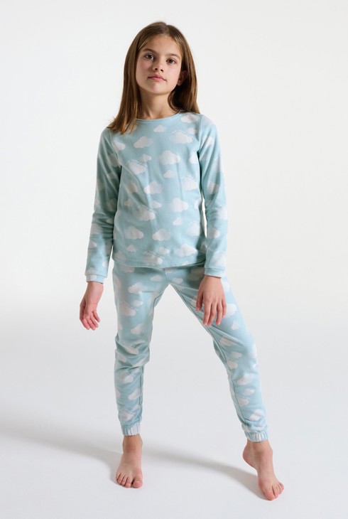 Girl's 2-piece sky blue cloud fleece pyjamas 1
