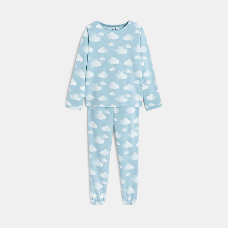 2-teiliger Pyjama Molton Wolkenmotiv himmelblau Mädchen