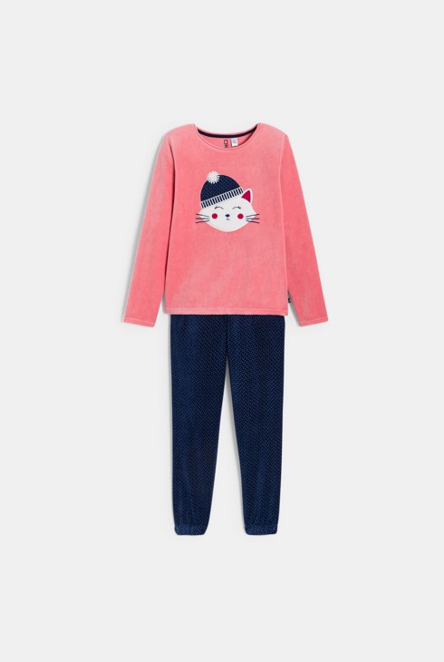 Pijama de terciopelo 2 piezas motivo gato rosa niña 1