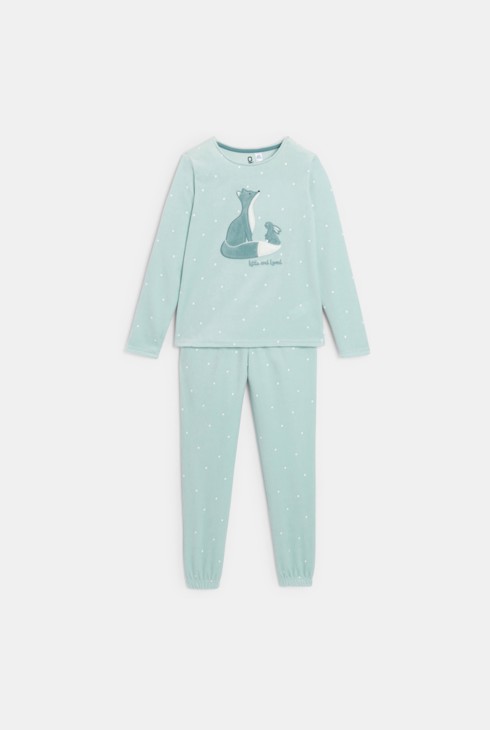 Zweiteiliger Velours-Pyjama aus mit Fuchs- und Hasenmotiv in Blau für Mädchen 1