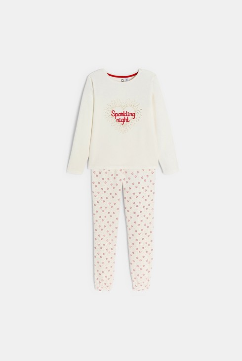 Zweiteiliger Velours-Pyjama in Ecru mit Botschft für Mädchen 1