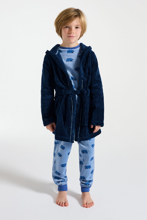 Marineblauer Bademantel aus Teddy-Fleece mit Kapuze für Jungen 1