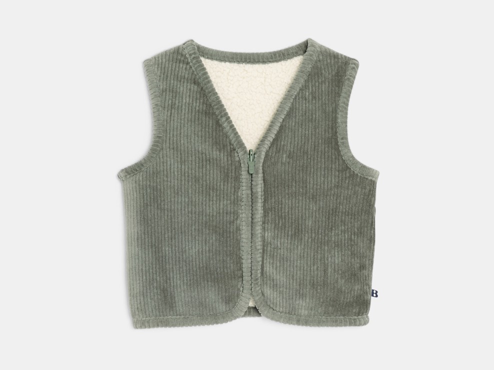 Gilet zippé sans manches velours et moumoute vert bébé garçon 2