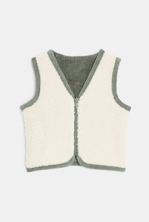 Gilet zippé sans manches velours et moumoute vert bébé garçon