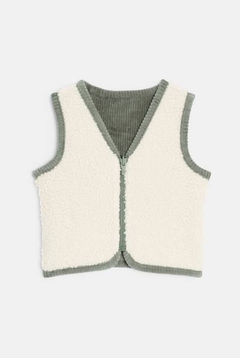 Gilet zippé sans manches velours et moumoute vert bébé garçon 2