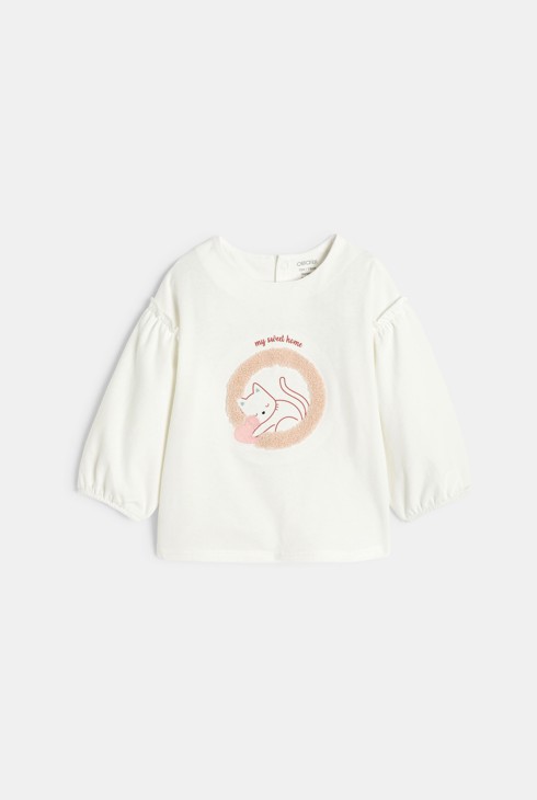 Blusa con gatto ricamato bianco neonata 1