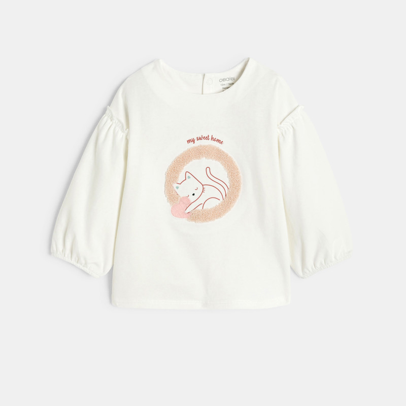 Bestickte Bluse in Weiß mit Katze für kleine Mädchen