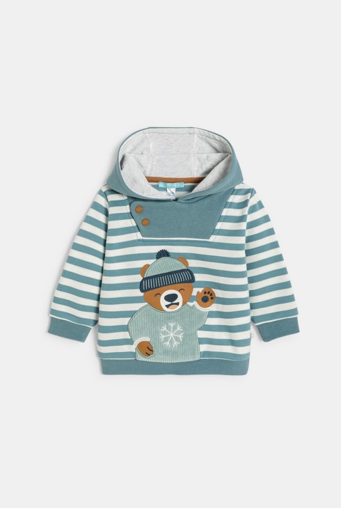 Felpa in tessuto felpato con cappuccio blu a righe con orso per neonato 1