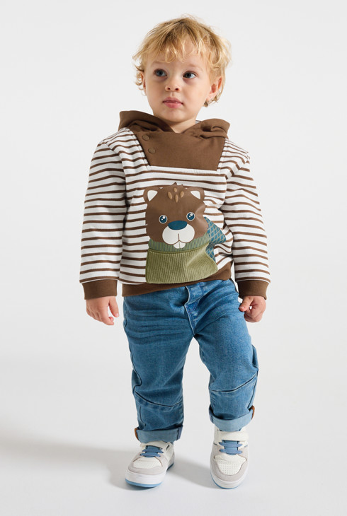 Sudadera muletón con capucha marrón de rayas castor bebé niño 1